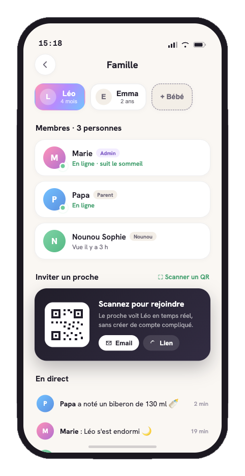Famille et partage : membres, invitations et suivi en temps réel