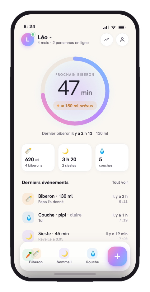 Écran d'accueil de l'app Bib+ : prochain biberon, totaux du jour