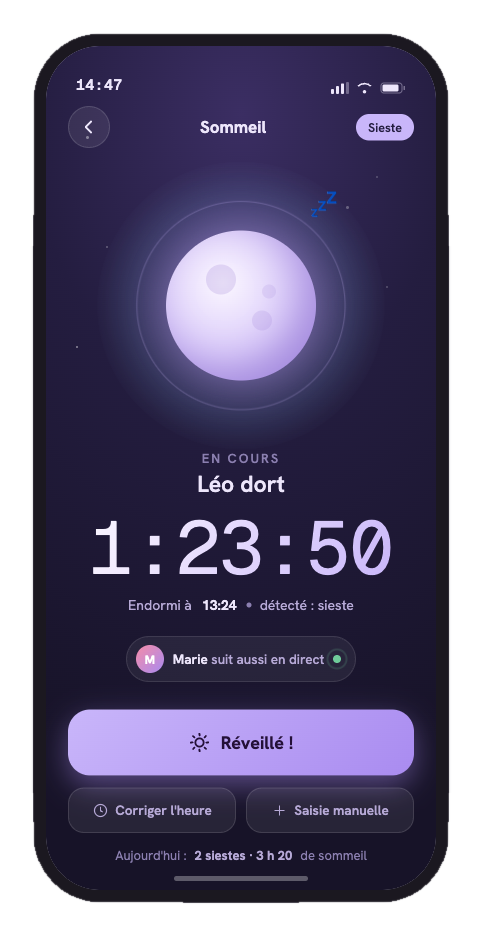 Sommeil de bébé en cours, suivi en temps réel dans Bib+