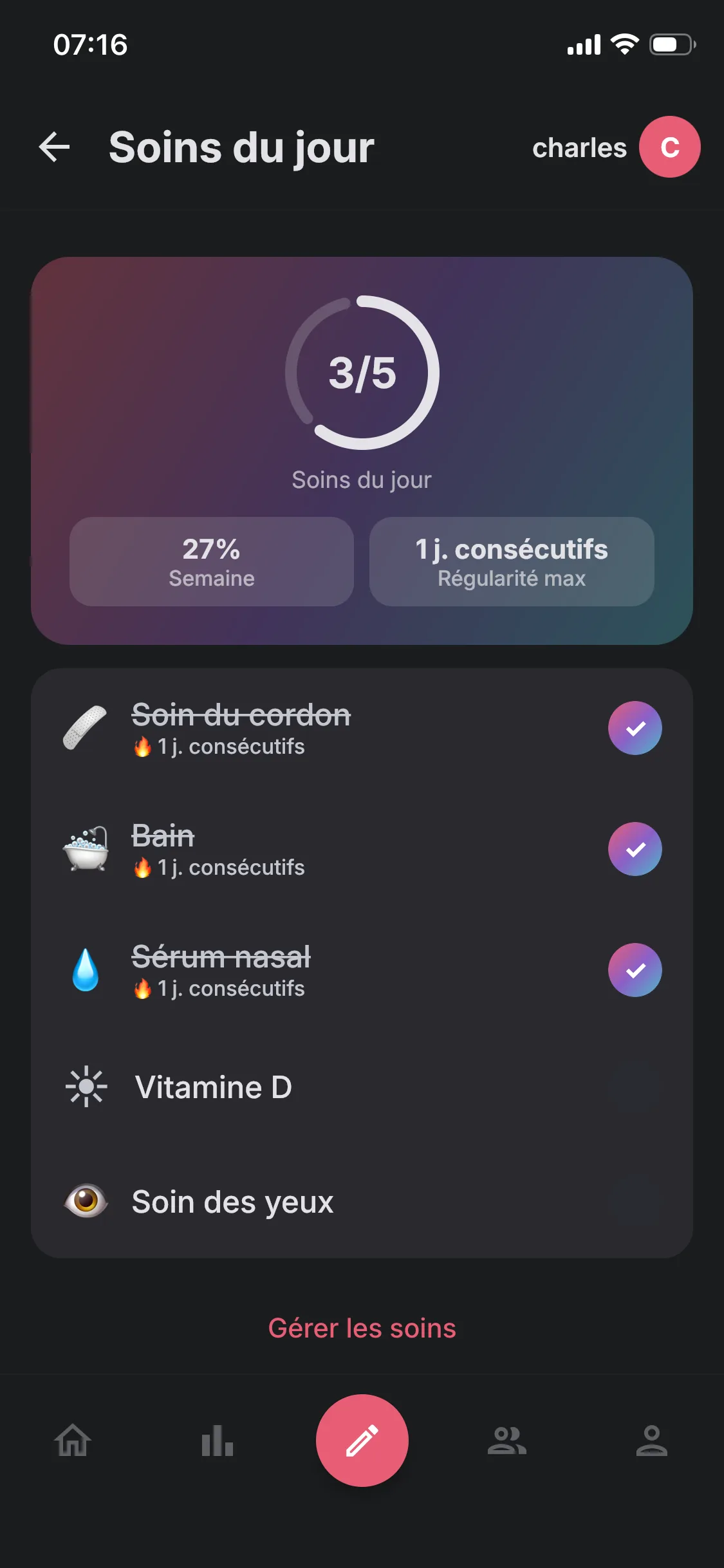 Checklist des soins du jour dans Bib+, avec la série de jours consécutifs